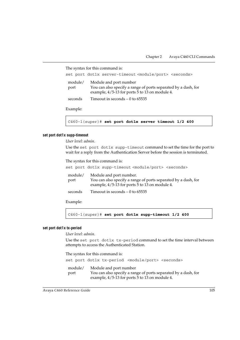 Set port dot1x supp-timeout, Set port dot1x tx-period | Avaya C460 User Manual | Page 117 / 268