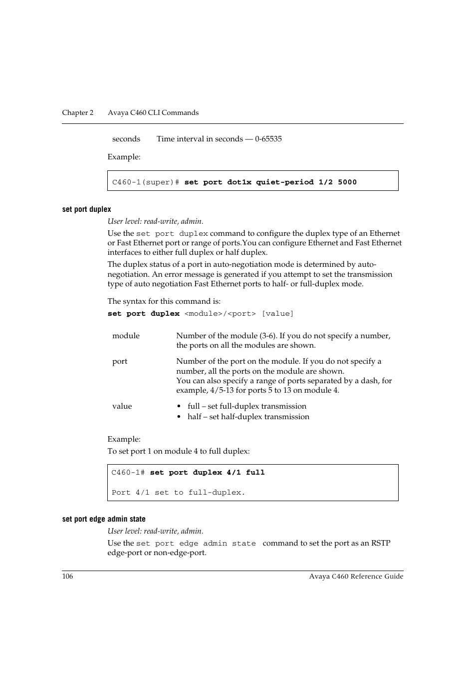 Set port duplex, Set port edge admin state, Set port duplex set port edge admin state | Avaya C460 User Manual | Page 118 / 268