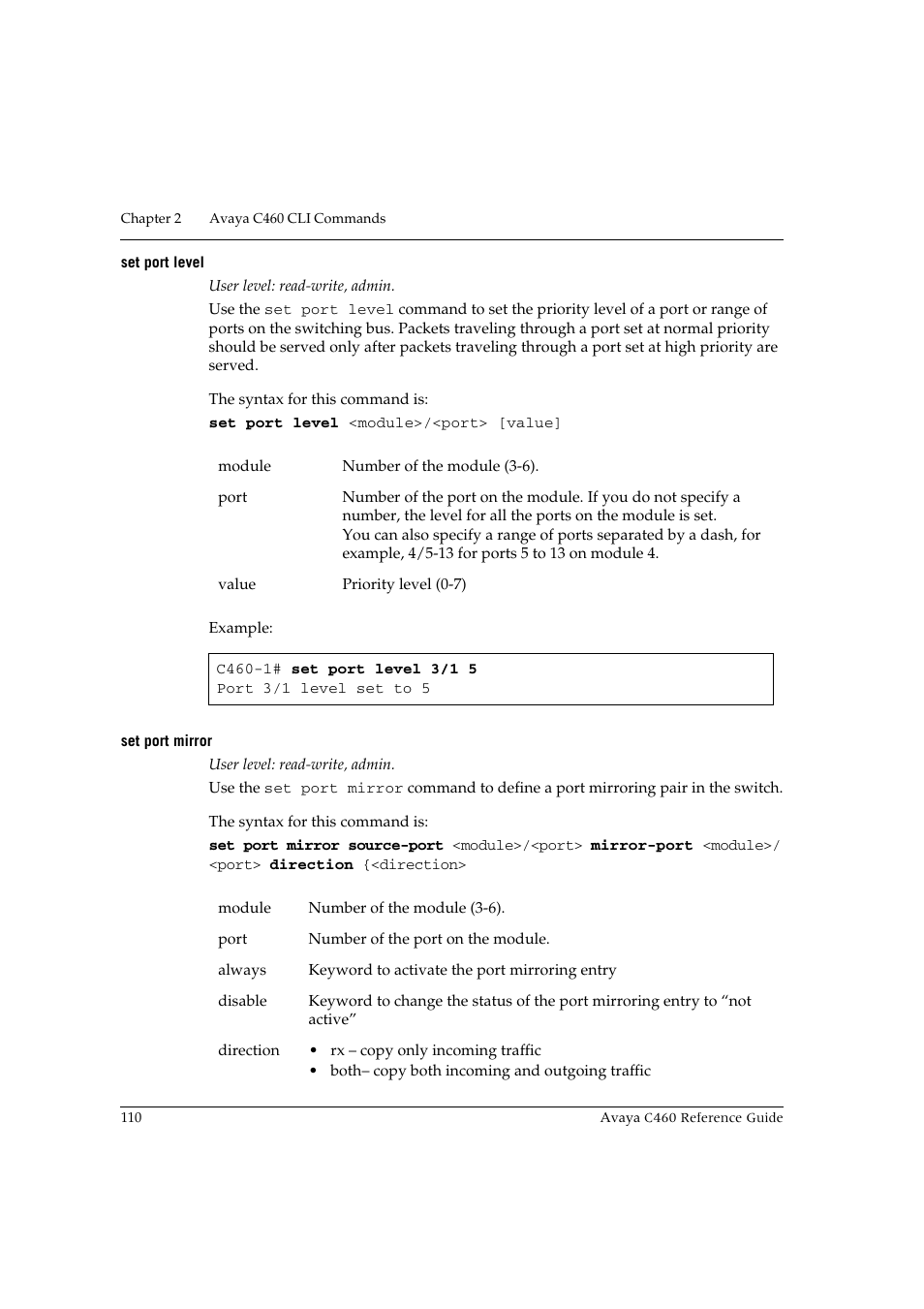 Set port level, Set port mirror, Set port level set port mirror | Avaya C460 User Manual | Page 122 / 268