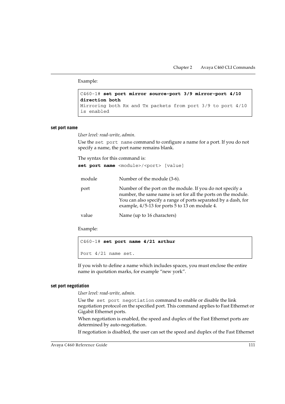 Set port name, Set port negotiation, Set port name set port negotiation | Avaya C460 User Manual | Page 123 / 268