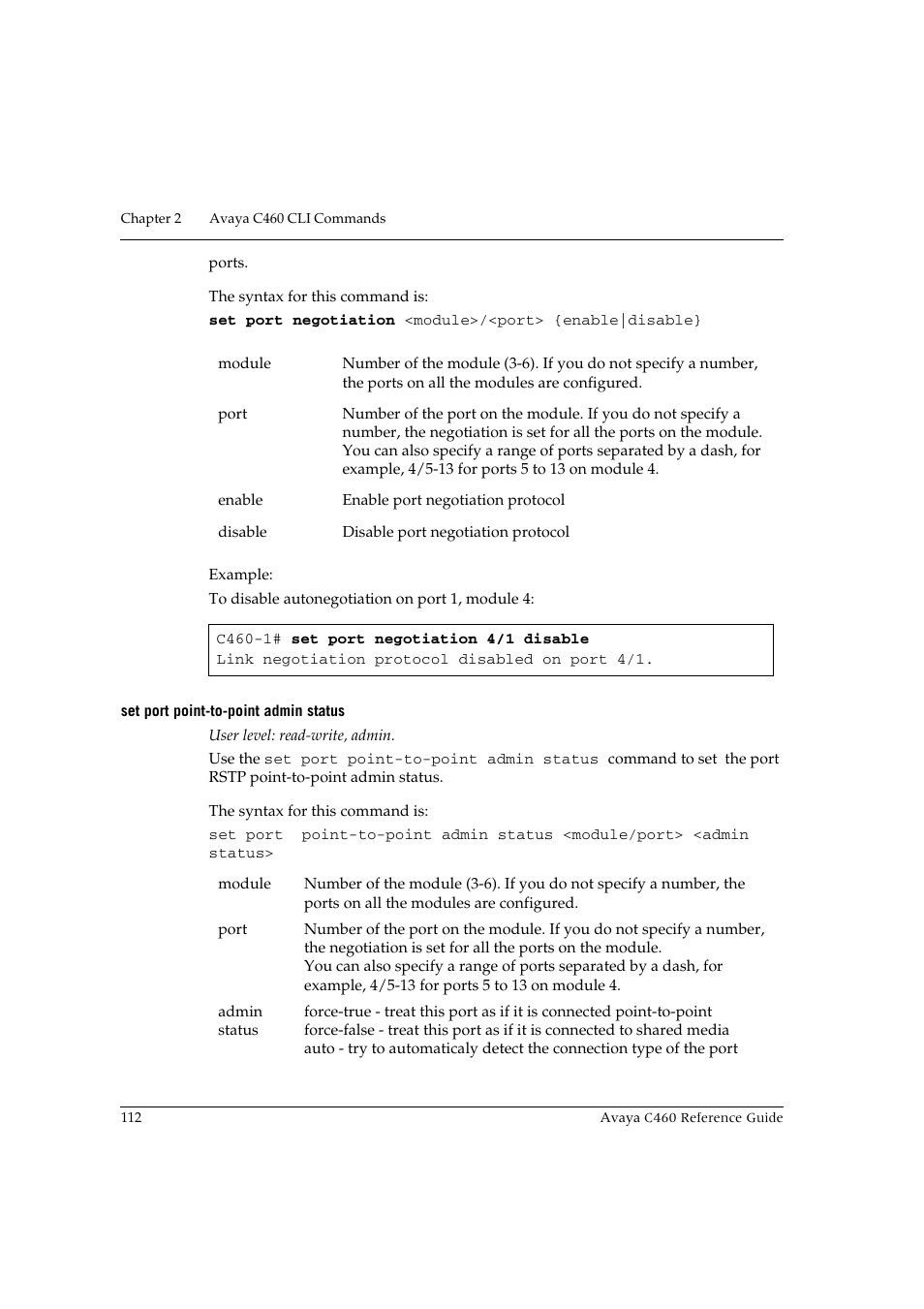 Set port point-to-point admin status | Avaya C460 User Manual | Page 124 / 268