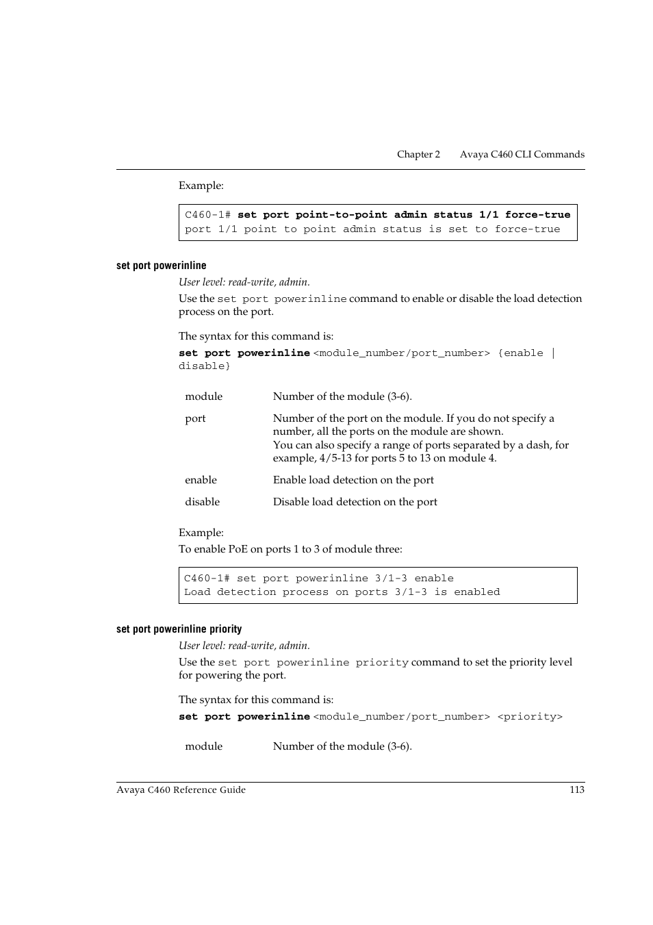 Set port powerinline, Set port powerinline priority, Set port powerinline set port powerinline priority | Avaya C460 User Manual | Page 125 / 268