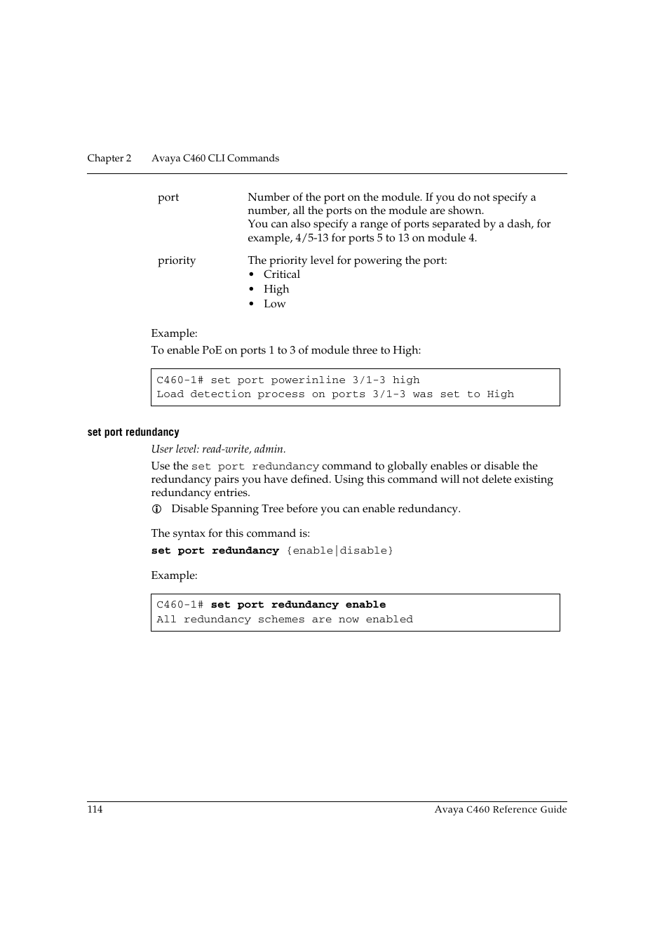 Set port redundancy | Avaya C460 User Manual | Page 126 / 268