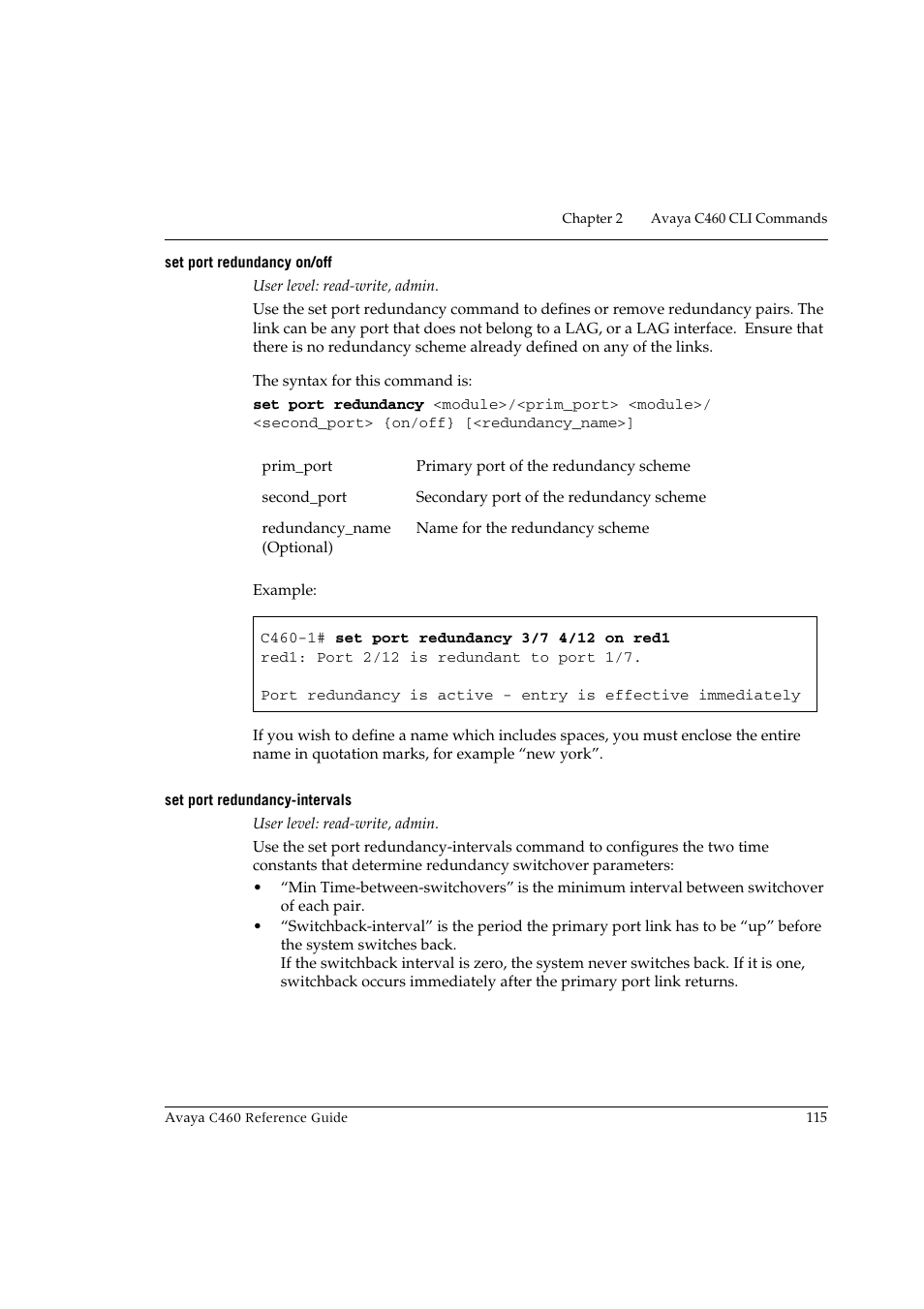 Set port redundancy on/off, Set port redundancy-intervals | Avaya C460 User Manual | Page 127 / 268