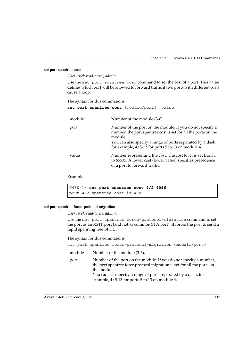 Set port spantree cost, Set port spantree force-protocol-migration | Avaya C460 User Manual | Page 129 / 268