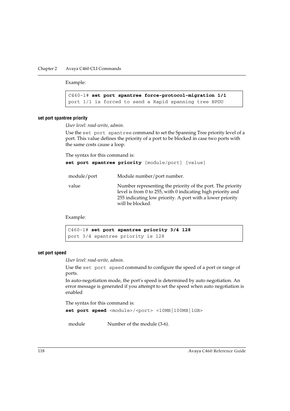 Set port spantree priority, Set port speed, Set port spantree priority set port speed | Avaya C460 User Manual | Page 130 / 268