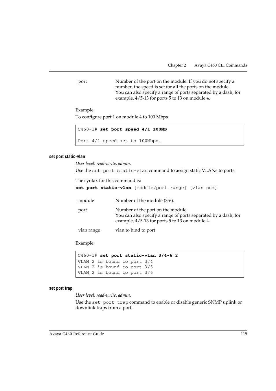 Set port static-vlan, Set port trap, Set port static-vlan set port trap | Avaya C460 User Manual | Page 131 / 268