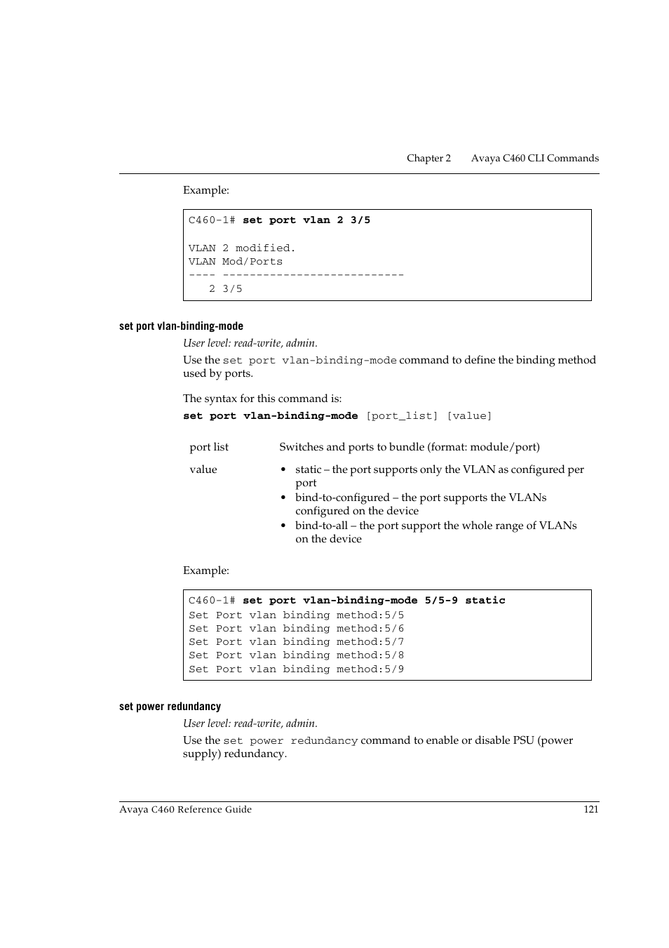 Set port vlan-binding-mode, Set power redundancy, Set port vlan-binding-mode set power redundancy | Avaya C460 User Manual | Page 133 / 268