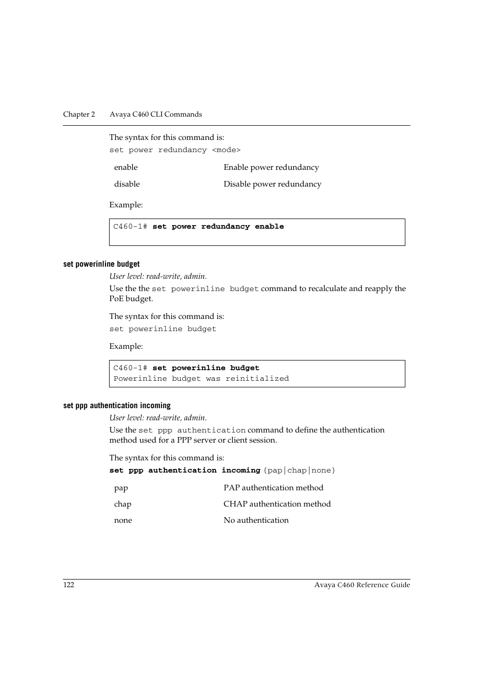 Set powerinline budget, Set ppp authentication incoming | Avaya C460 User Manual | Page 134 / 268