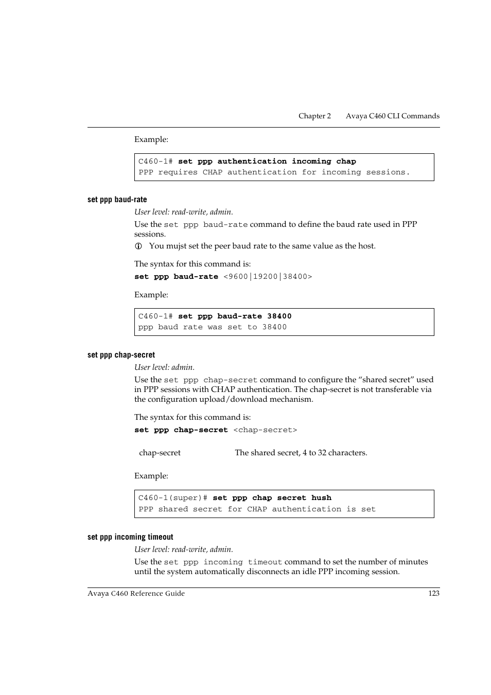 Set ppp baud-rate, Set ppp chap-secret, Set ppp incoming timeout | Avaya C460 User Manual | Page 135 / 268