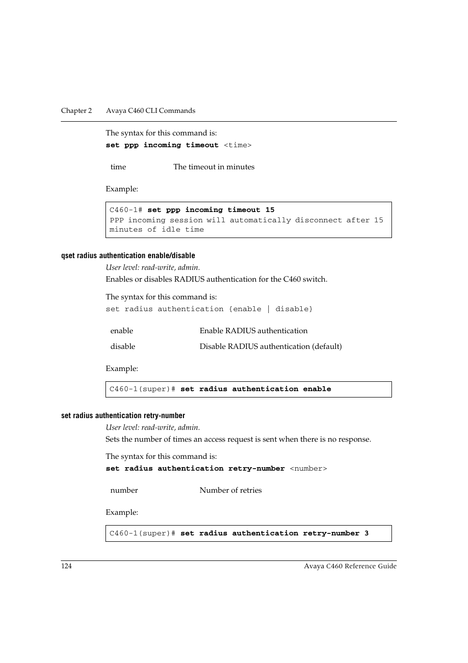 Qset radius authentication enable/disable, Set radius authentication retry-number | Avaya C460 User Manual | Page 136 / 268