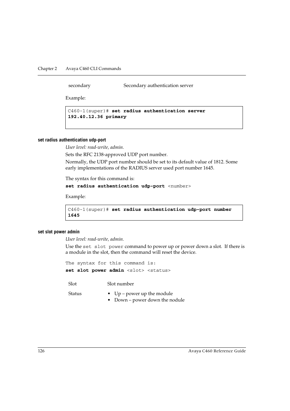 Set radius authentication udp-port, Set slot power admin | Avaya C460 User Manual | Page 138 / 268