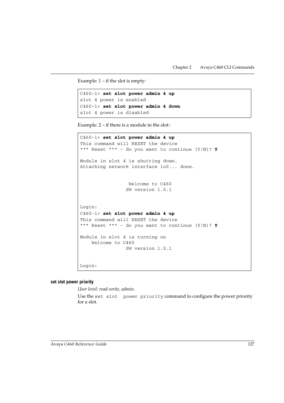 Set slot power priority | Avaya C460 User Manual | Page 139 / 268