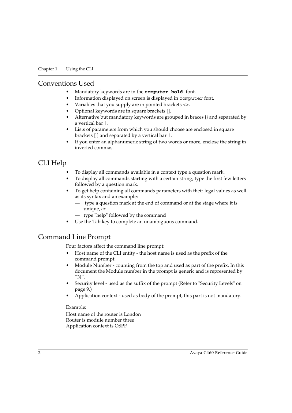 Conventions used, Cli help, Command line prompt | Conventions used cli help command line prompt | Avaya C460 User Manual | Page 14 / 268