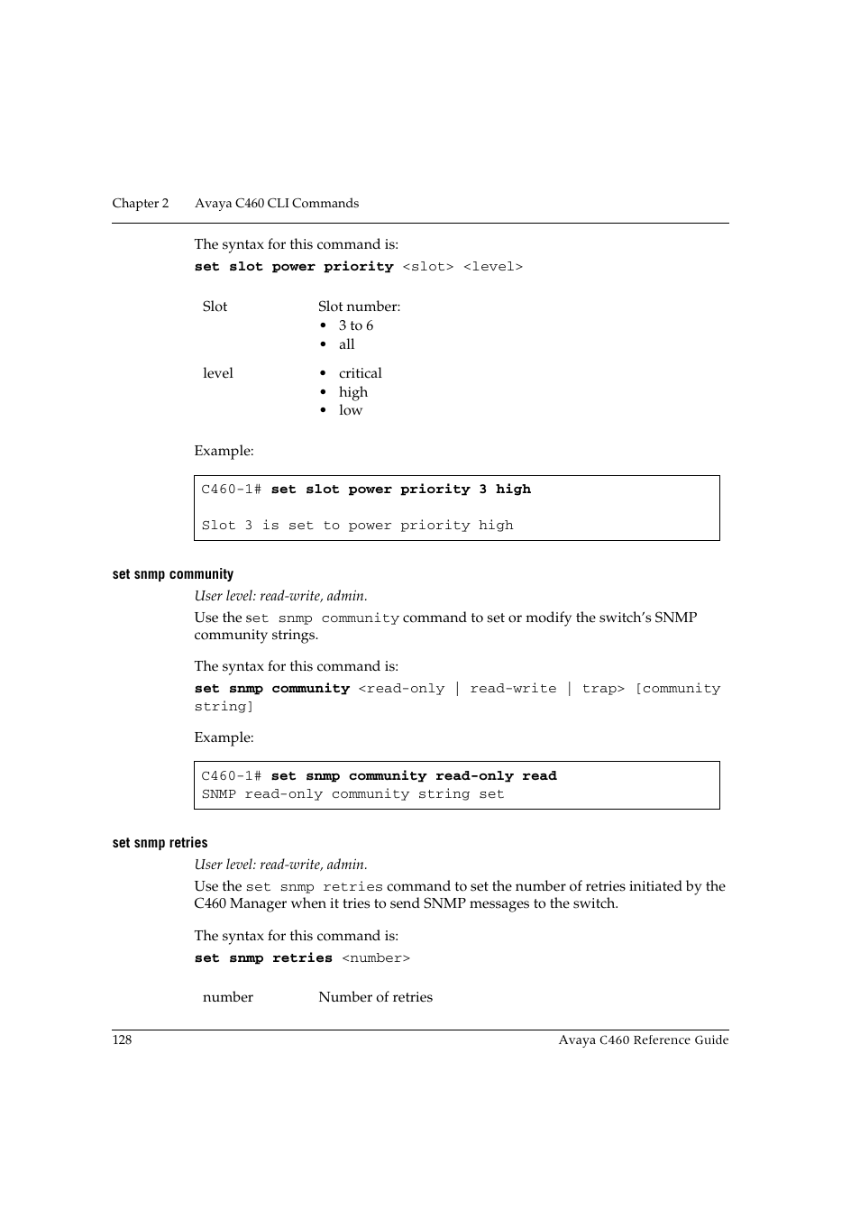 Set snmp community, Set snmp retries, Set snmp community set snmp retries | Avaya C460 User Manual | Page 140 / 268