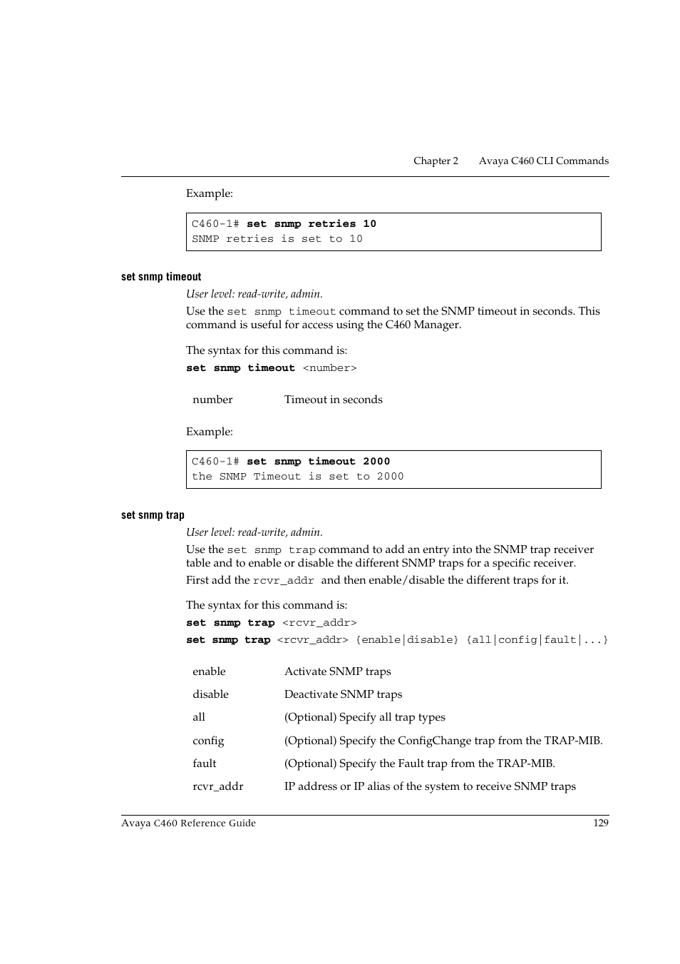 Set snmp timeout, Set snmp trap, Set snmp timeout set snmp trap | Avaya C460 User Manual | Page 141 / 268