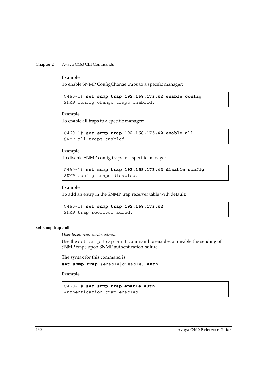 Set snmp trap auth | Avaya C460 User Manual | Page 142 / 268