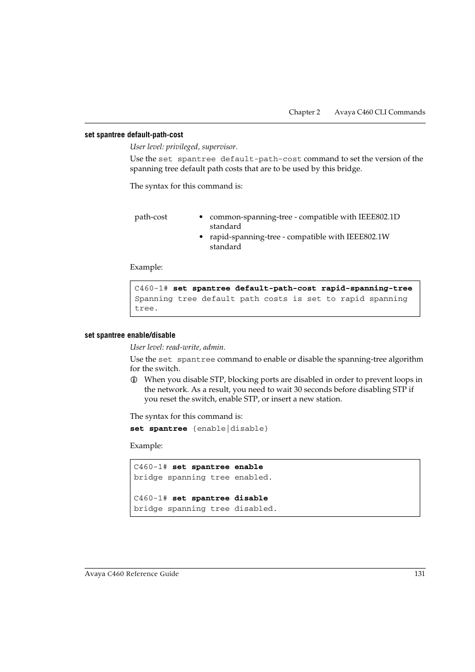 Set spantree default-path-cost, Set spantree enable/disable | Avaya C460 User Manual | Page 143 / 268