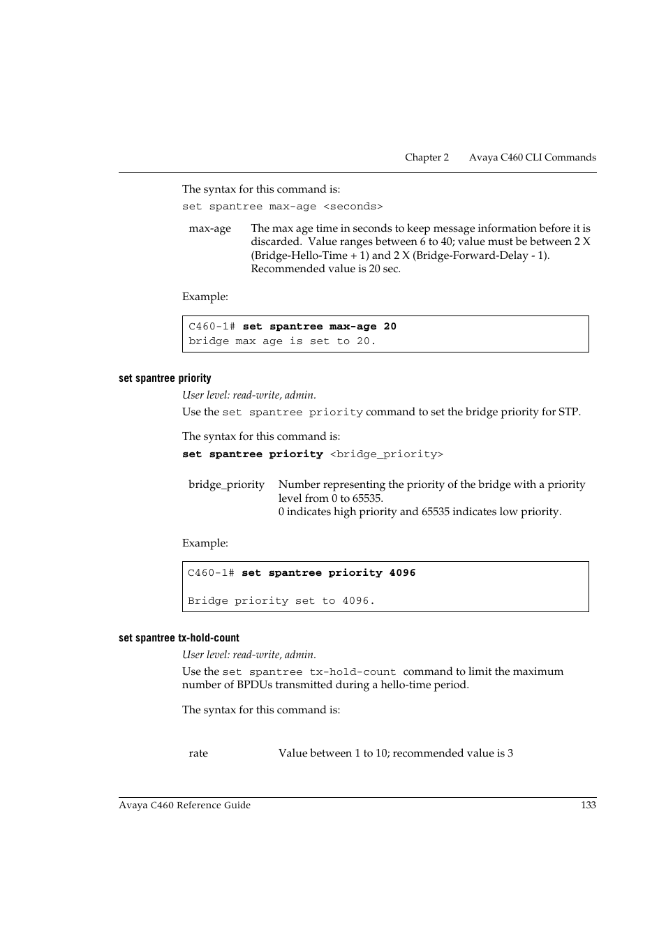 Set spantree priority, Set spantree tx-hold-count, Set spantree priority set spantree tx-hold-count | Avaya C460 User Manual | Page 145 / 268