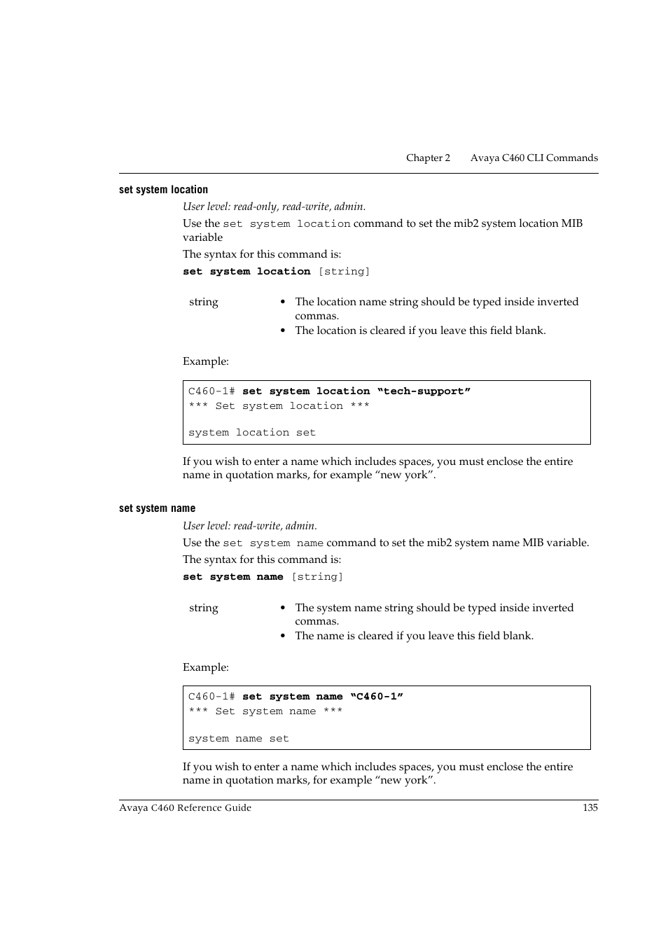 Set system location, Set system name, Set system location set system name | Avaya C460 User Manual | Page 147 / 268