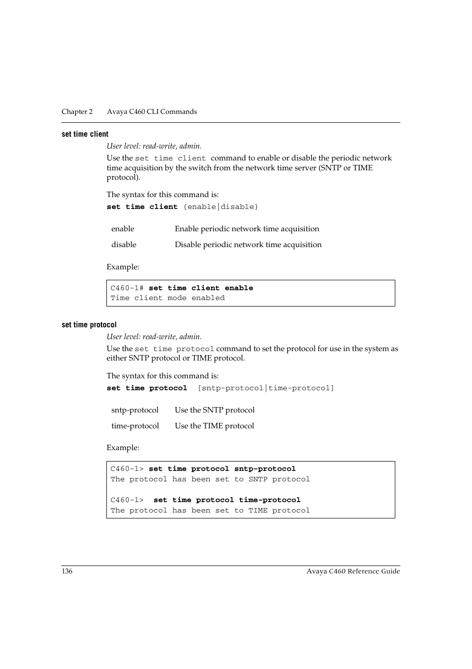 Set time client, Set time protocol, Set time client set time protocol | Avaya C460 User Manual | Page 148 / 268