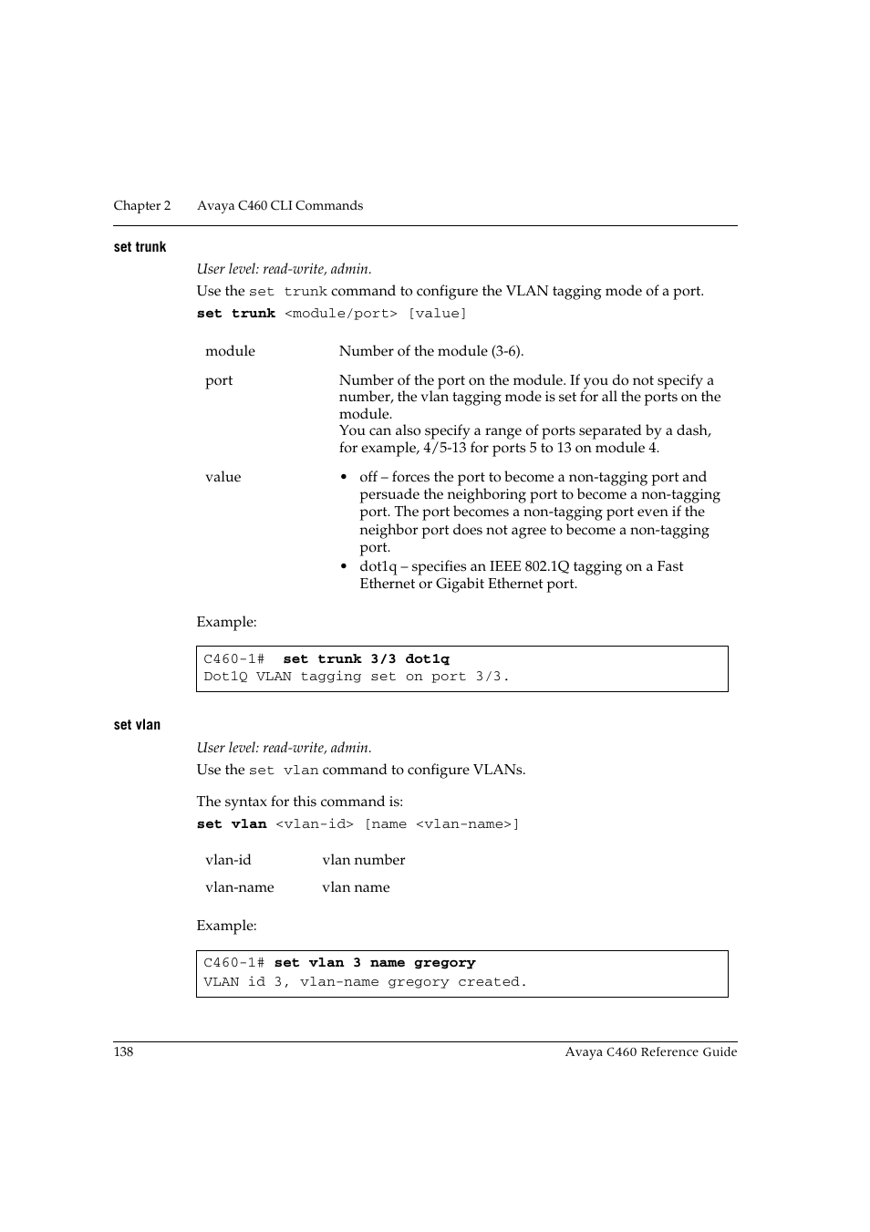 Set trunk, Set vlan, Set trunk set vlan | Avaya C460 User Manual | Page 150 / 268