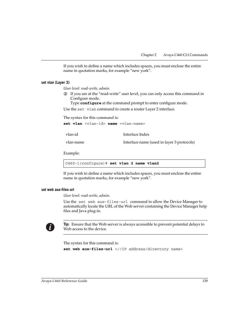 Set vlan (layer 3), Set web aux-files-url, Set vlan (layer 3) set web aux-files-url | Avaya C460 User Manual | Page 151 / 268