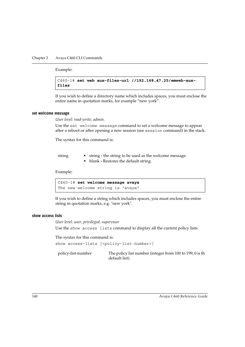 Set welcome message, Show access lists, Set welcome message show access lists | Avaya C460 User Manual | Page 152 / 268