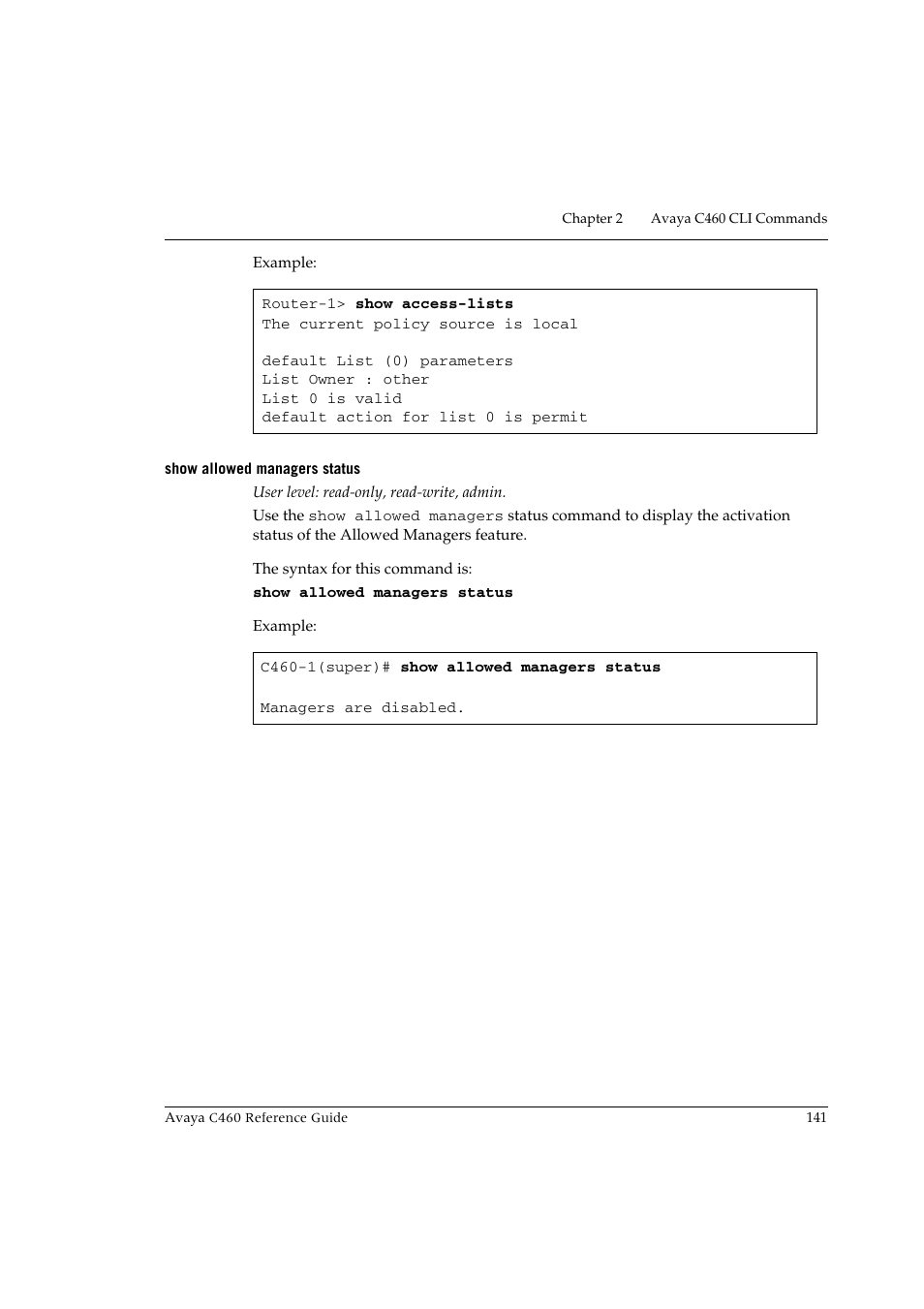 Show allowed managers status | Avaya C460 User Manual | Page 153 / 268