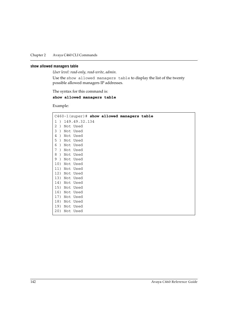 Show allowed managers table | Avaya C460 User Manual | Page 154 / 268