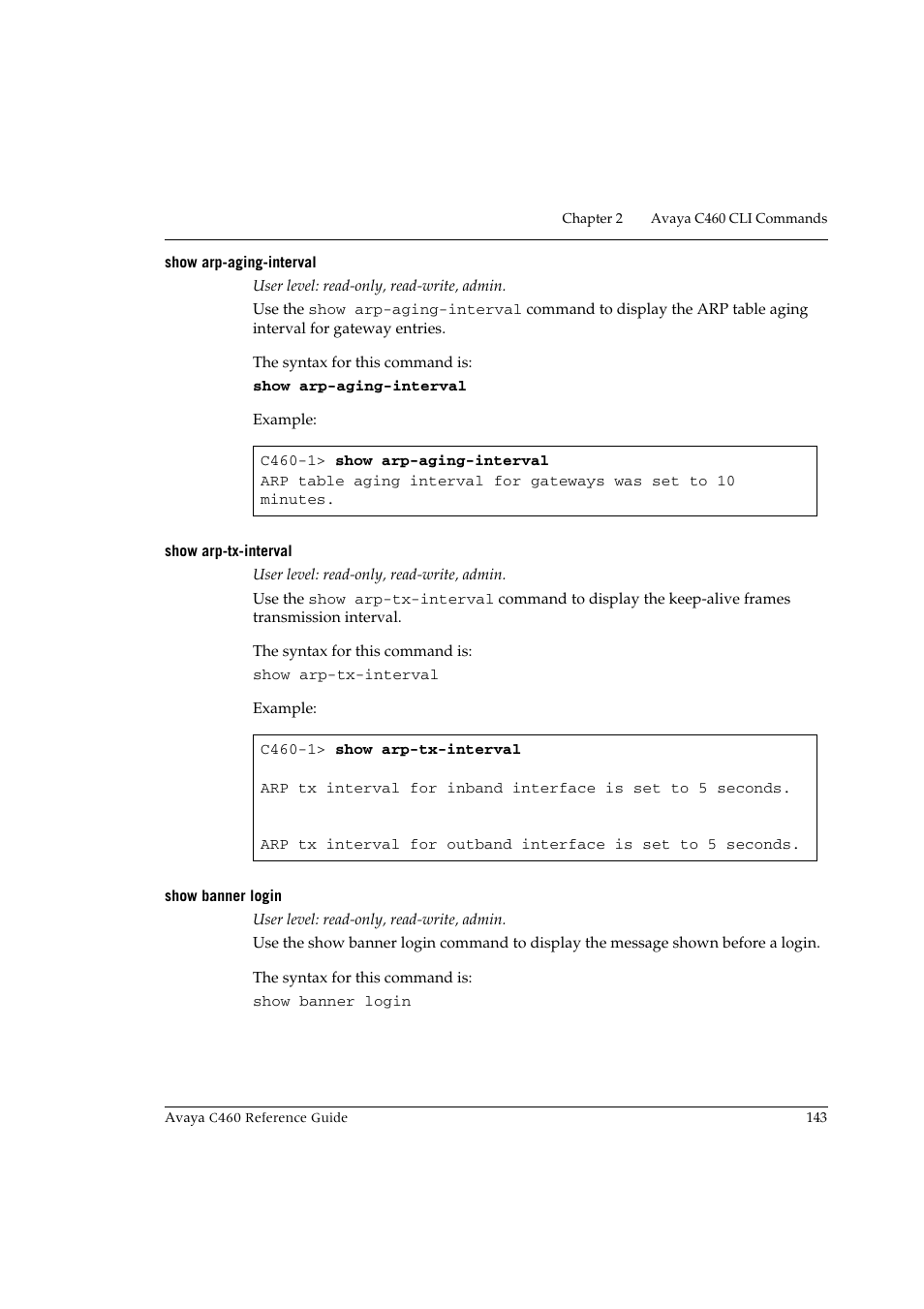 Show arp-aging-interval, Show arp-tx-interval, Show banner login | Avaya C460 User Manual | Page 155 / 268