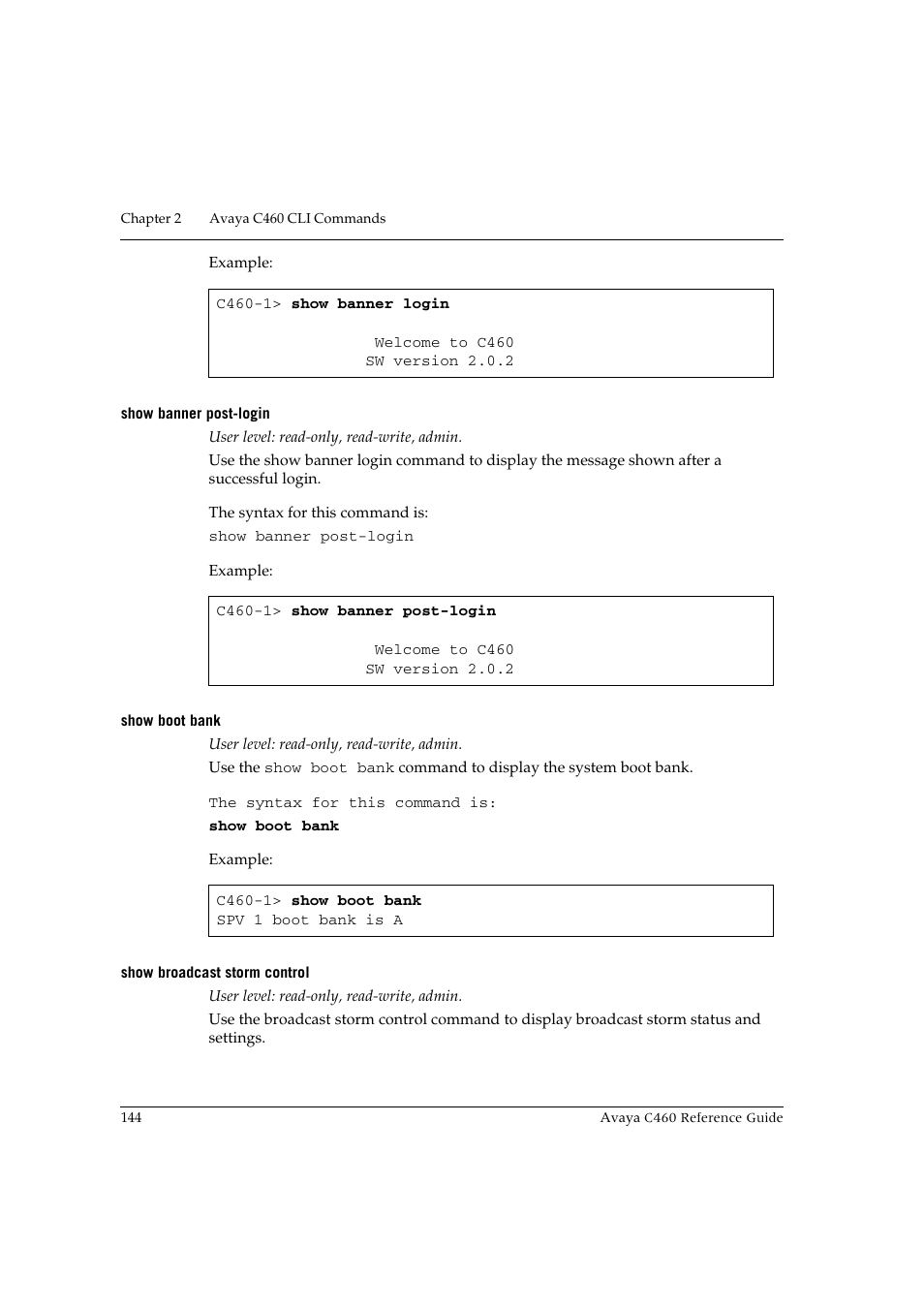 Show banner post-login, Show boot bank, Show broadcast storm control | Avaya C460 User Manual | Page 156 / 268