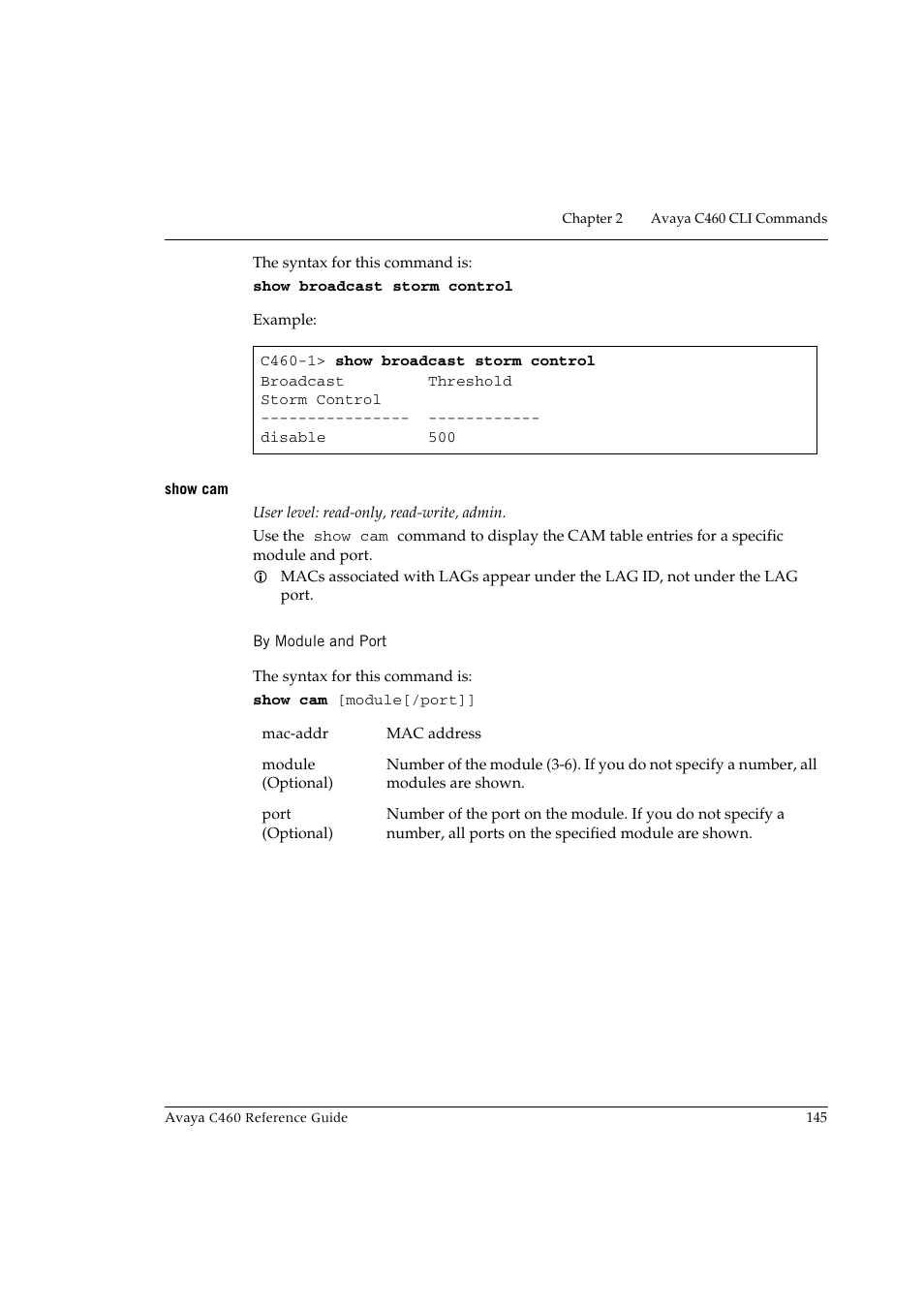 Show cam, By module and port | Avaya C460 User Manual | Page 157 / 268