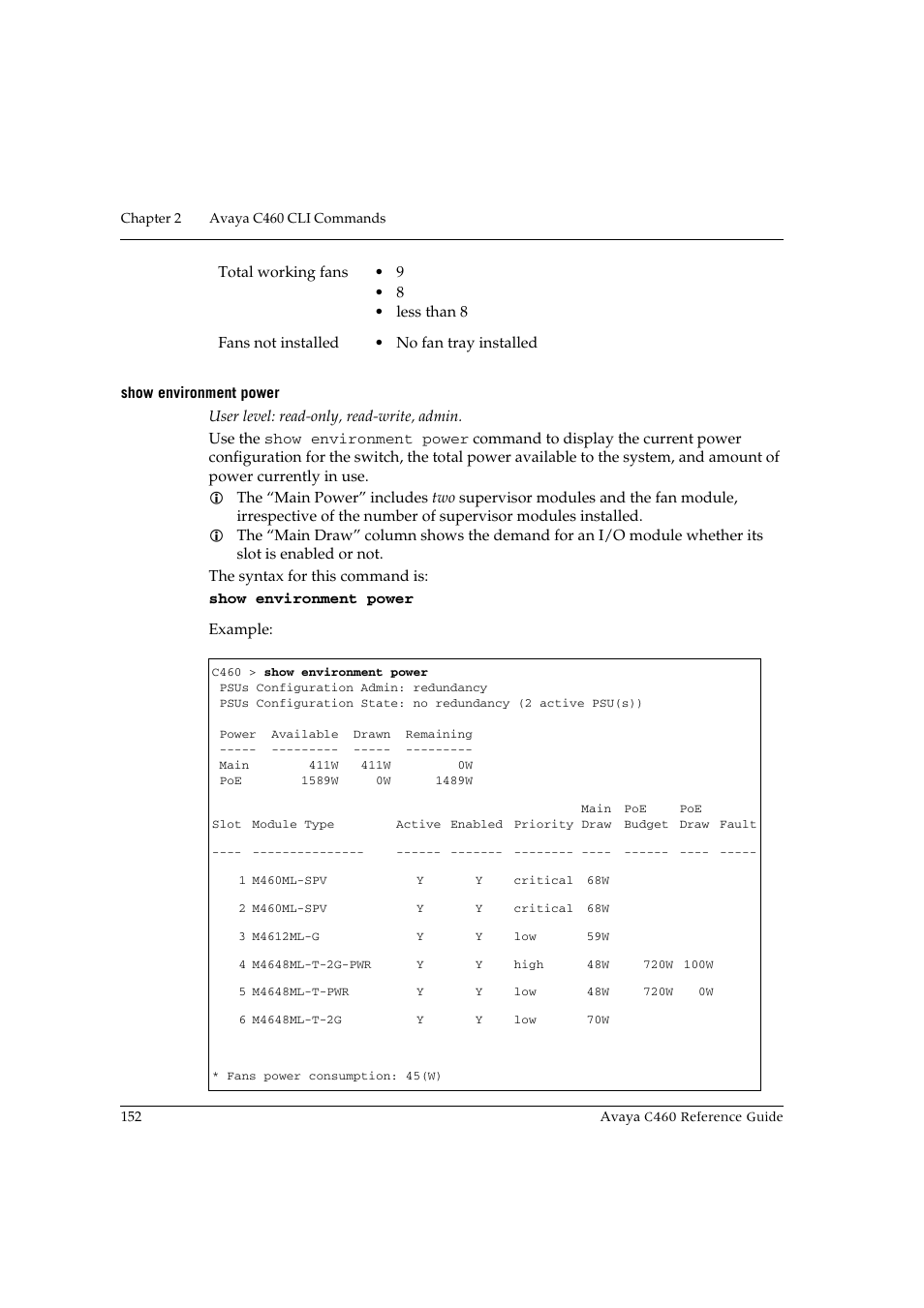 Show environment power | Avaya C460 User Manual | Page 164 / 268