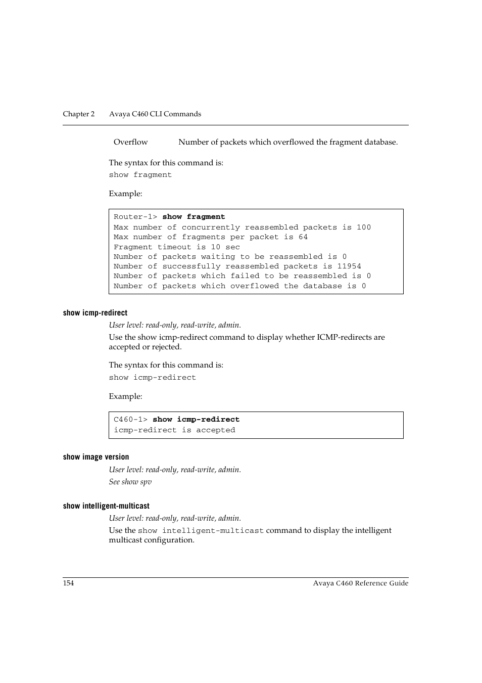Show icmp-redirect, Show image version, Show intelligent-multicast | Avaya C460 User Manual | Page 166 / 268