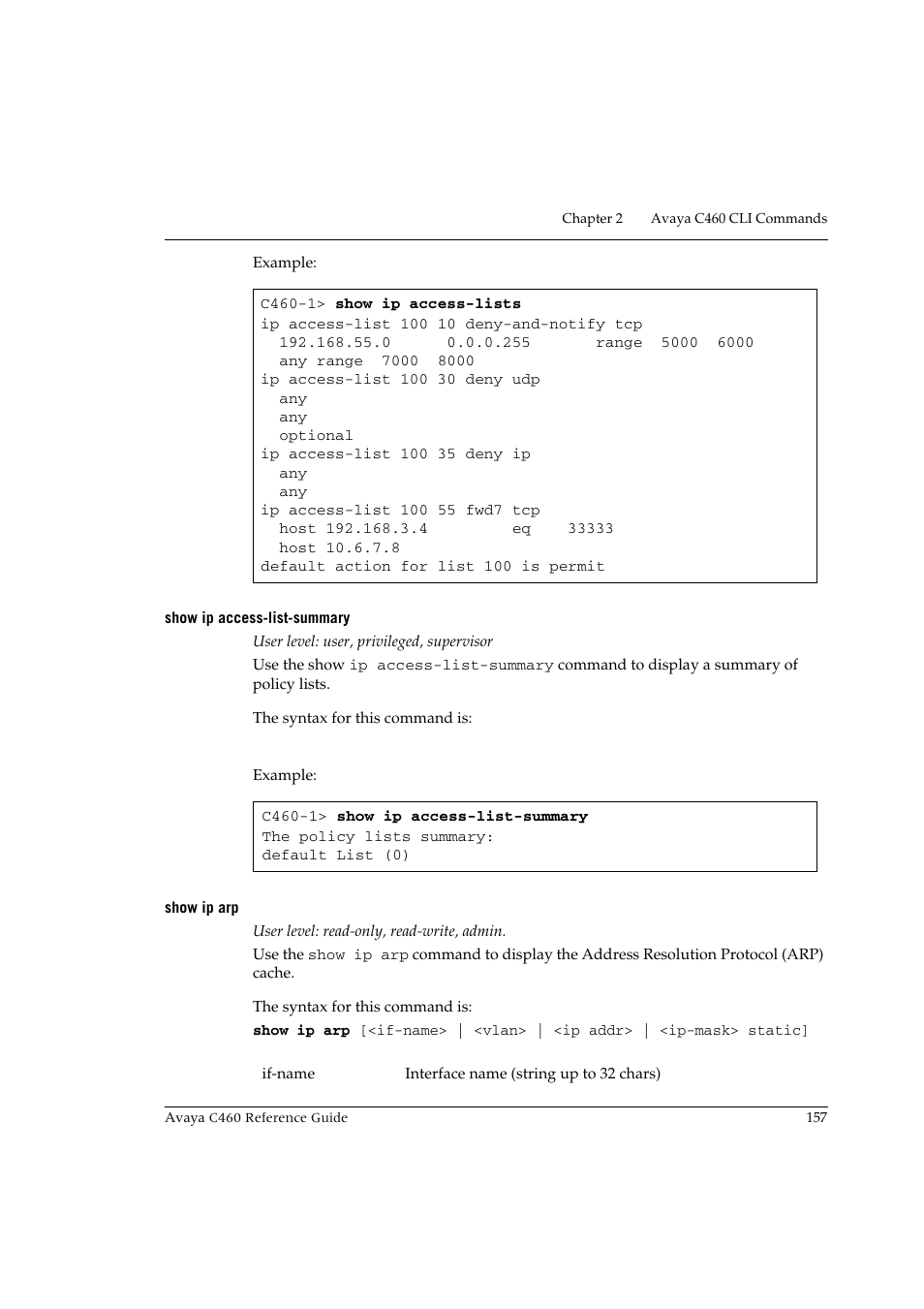 Show ip access-list-summary, Show ip arp, Show ip access-list-summary show ip arp | Avaya C460 User Manual | Page 169 / 268