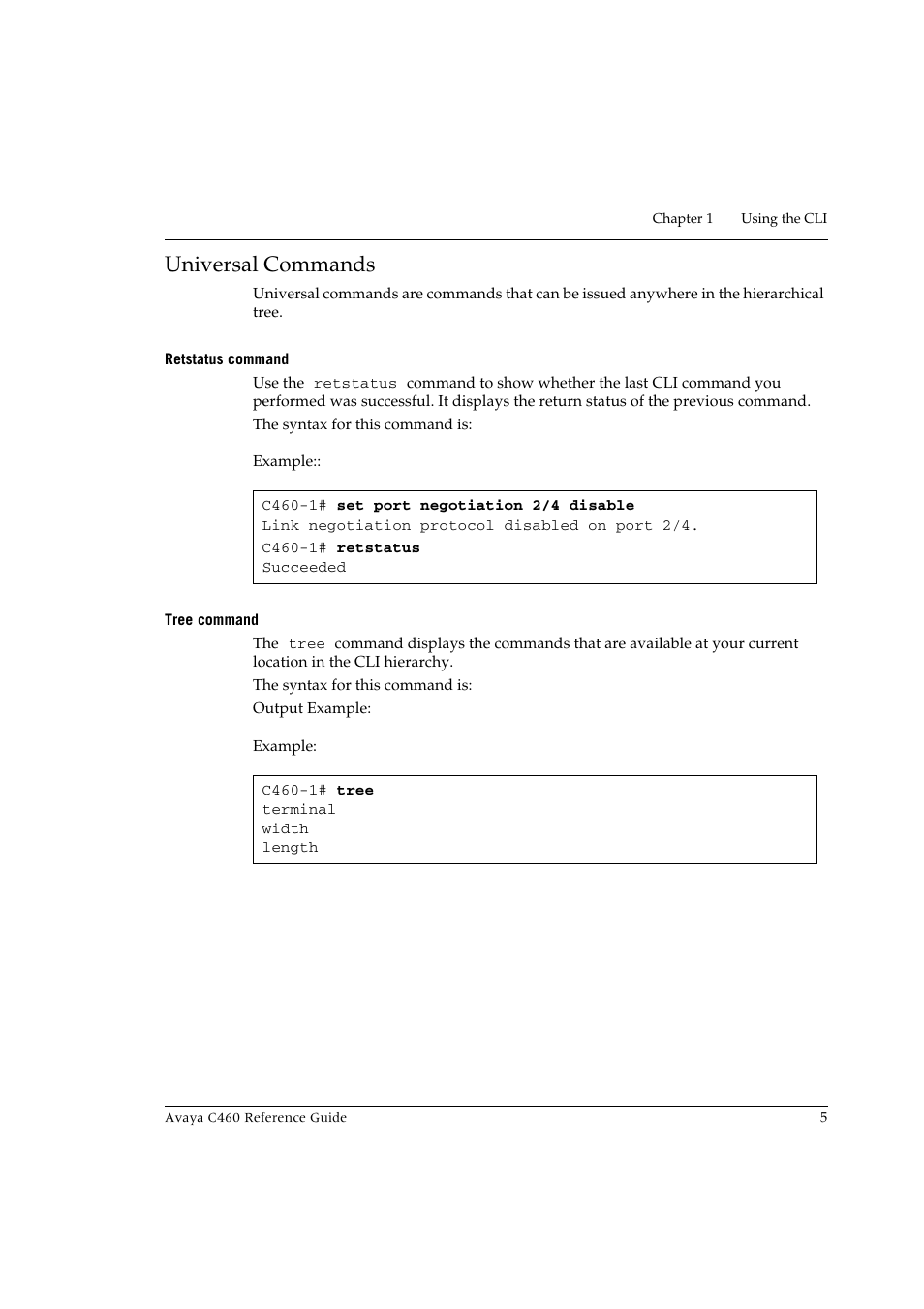 Universal commands, Retstatus command, Tree command | Retstatus command tree command | Avaya C460 User Manual | Page 17 / 268