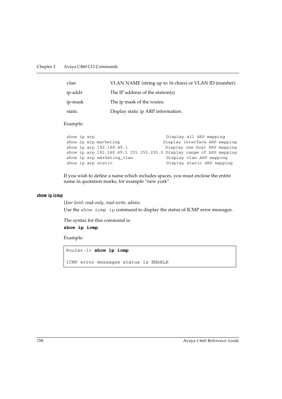 Show ip icmp | Avaya C460 User Manual | Page 170 / 268