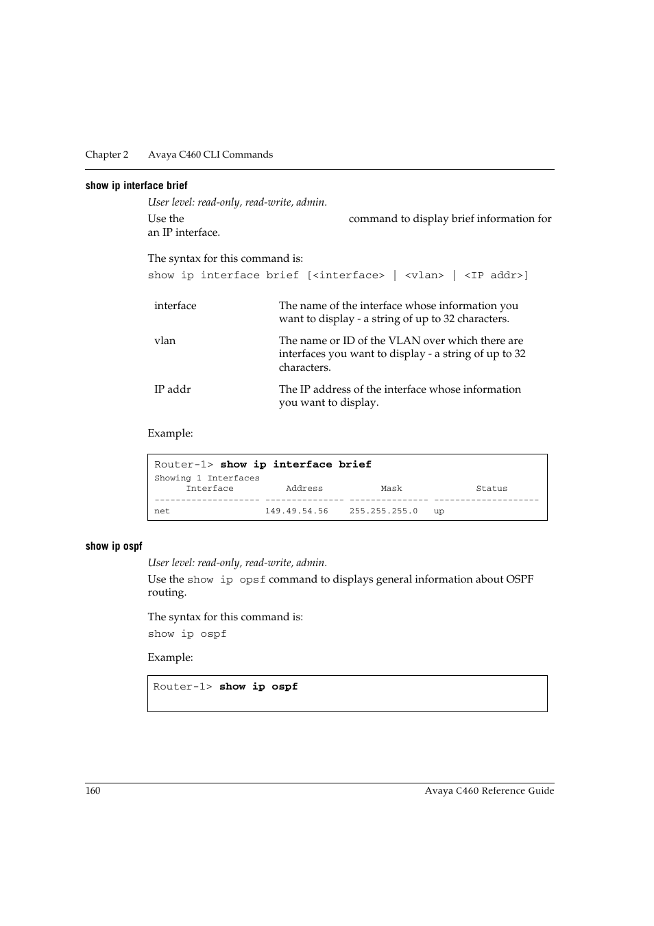 Show ip interface brief, Show ip ospf | Avaya C460 User Manual | Page 172 / 268