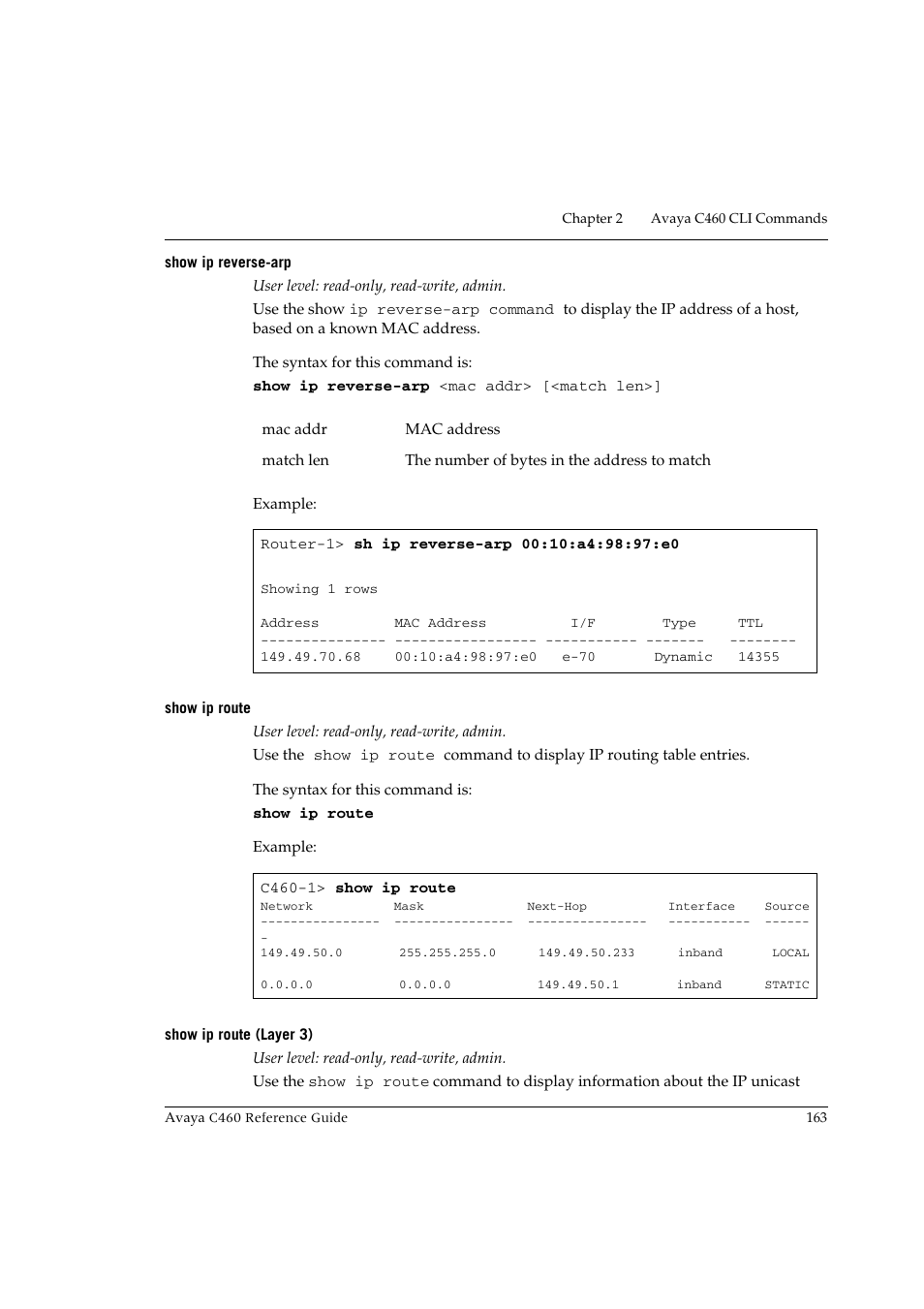 Show ip reverse-arp, Show ip route, Show ip route (layer 3) | Avaya C460 User Manual | Page 175 / 268