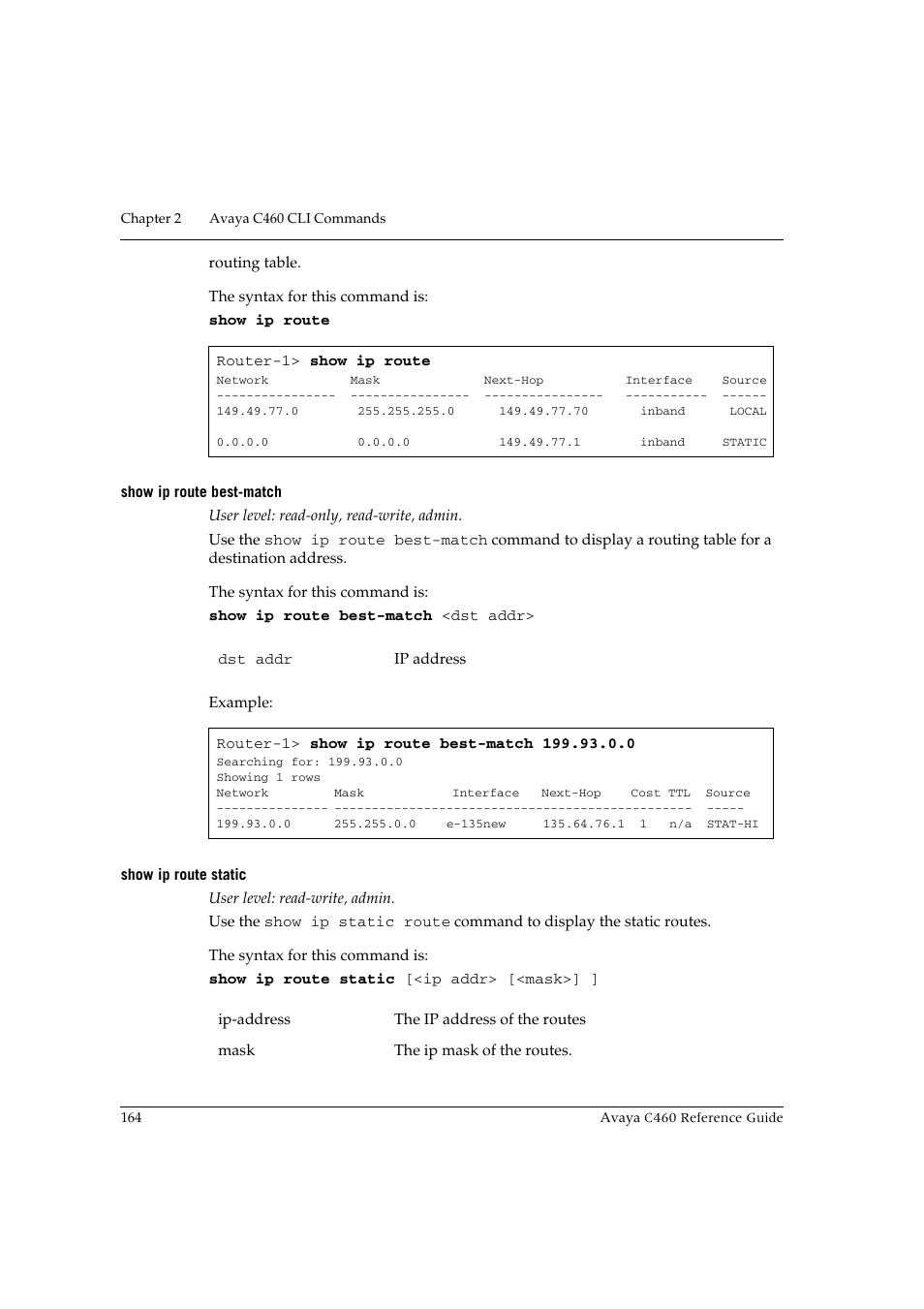 Show ip route best-match, Show ip route static, Show ip route best-match show ip route static | Avaya C460 User Manual | Page 176 / 268