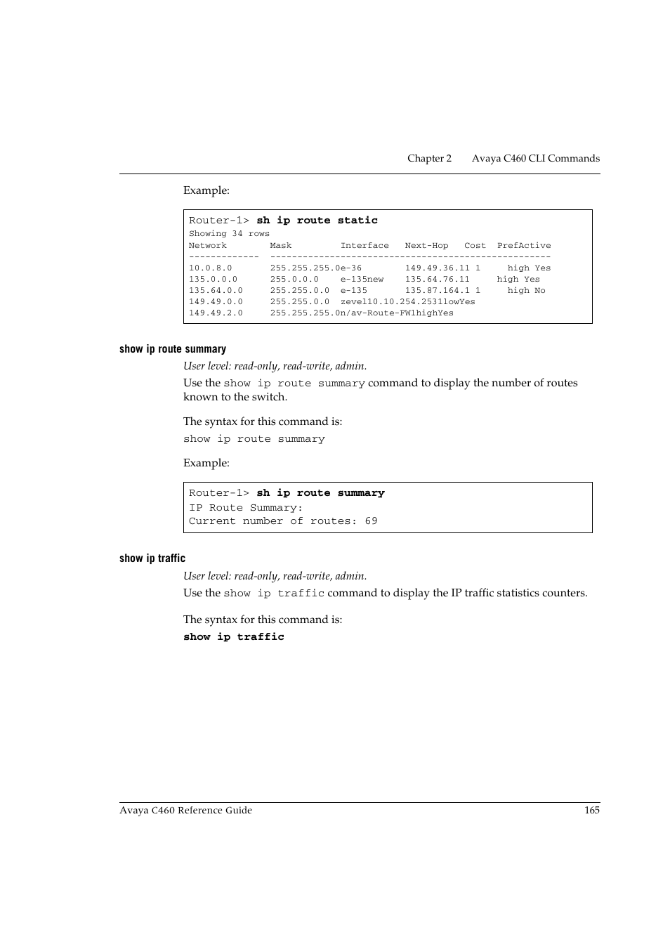 Show ip route summary, Show ip traffic, Show ip route summary show ip traffic | Avaya C460 User Manual | Page 177 / 268