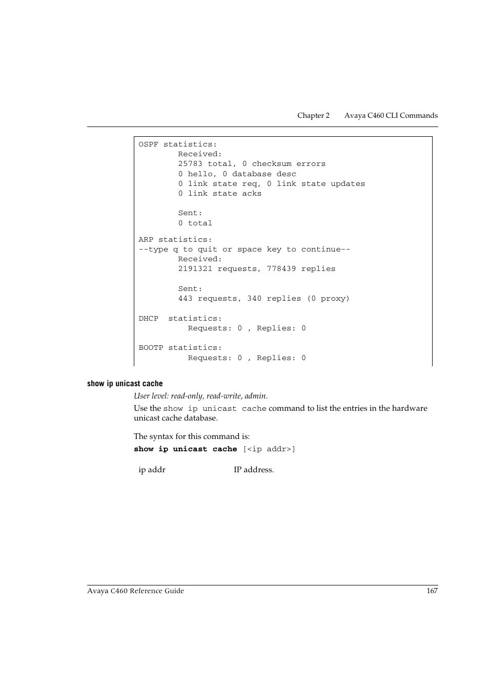 Show ip unicast cache | Avaya C460 User Manual | Page 179 / 268