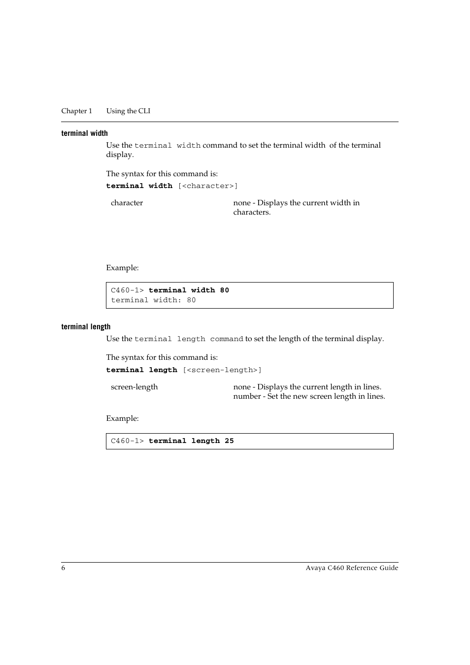 Terminal width, Terminal length, Terminal width terminal length | Avaya C460 User Manual | Page 18 / 268