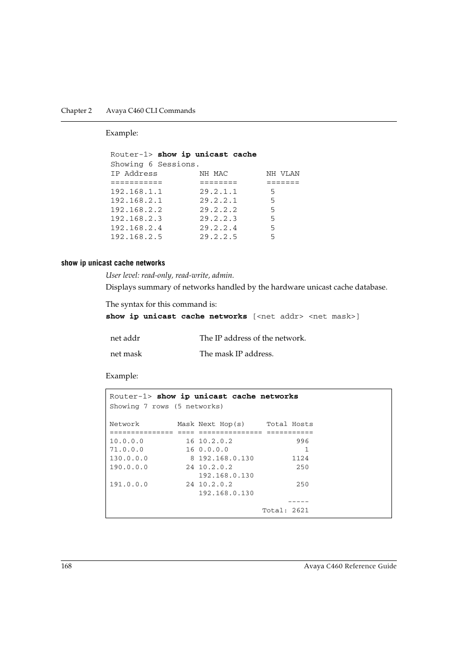 Show ip unicast cache networks | Avaya C460 User Manual | Page 180 / 268