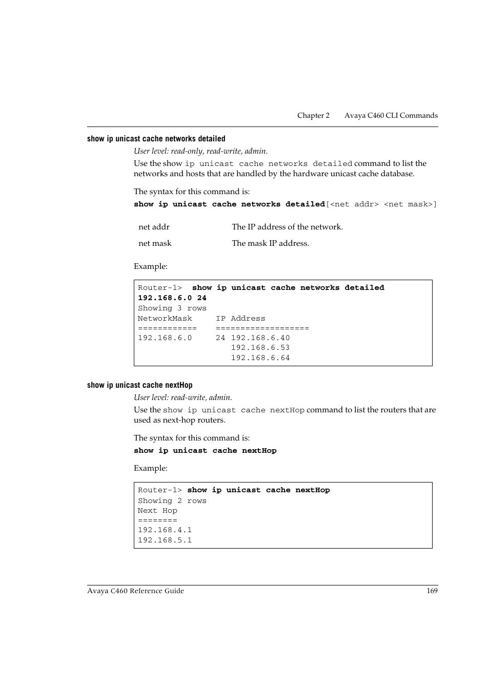 Show ip unicast cache networks detailed, Show ip unicast cache nexthop | Avaya C460 User Manual | Page 181 / 268