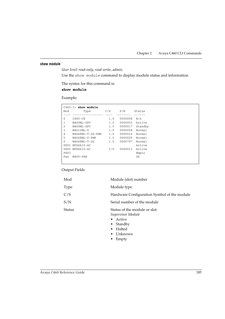 Show module | Avaya C460 User Manual | Page 197 / 268