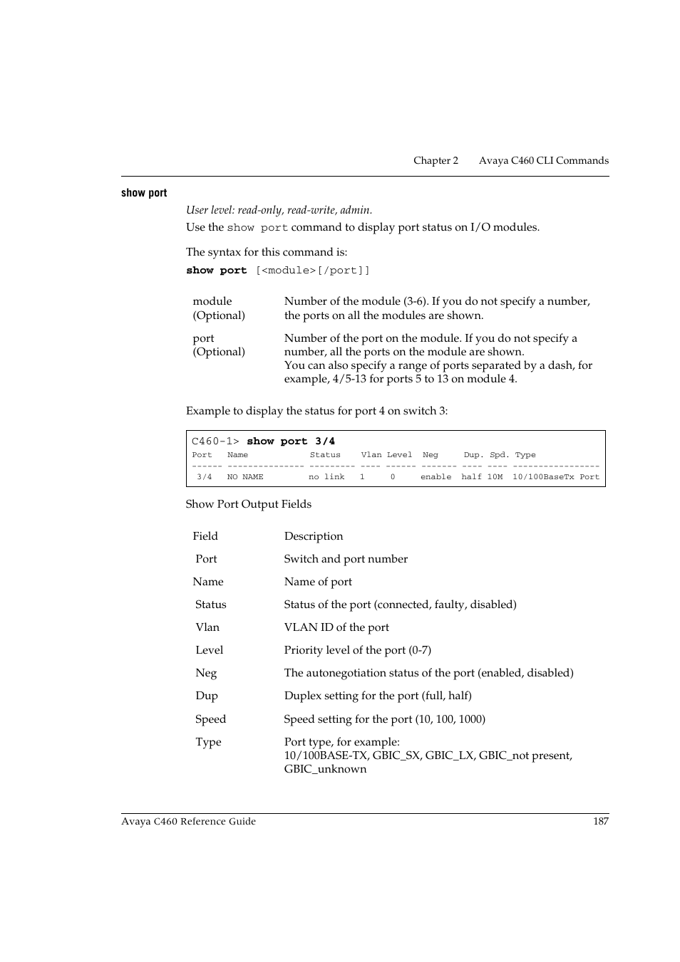 Show port | Avaya C460 User Manual | Page 199 / 268