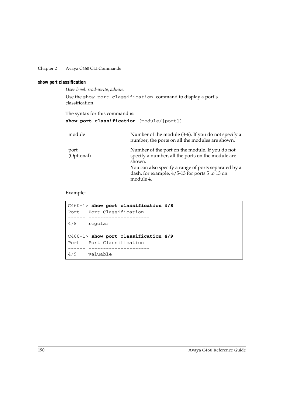 Show port classification | Avaya C460 User Manual | Page 202 / 268