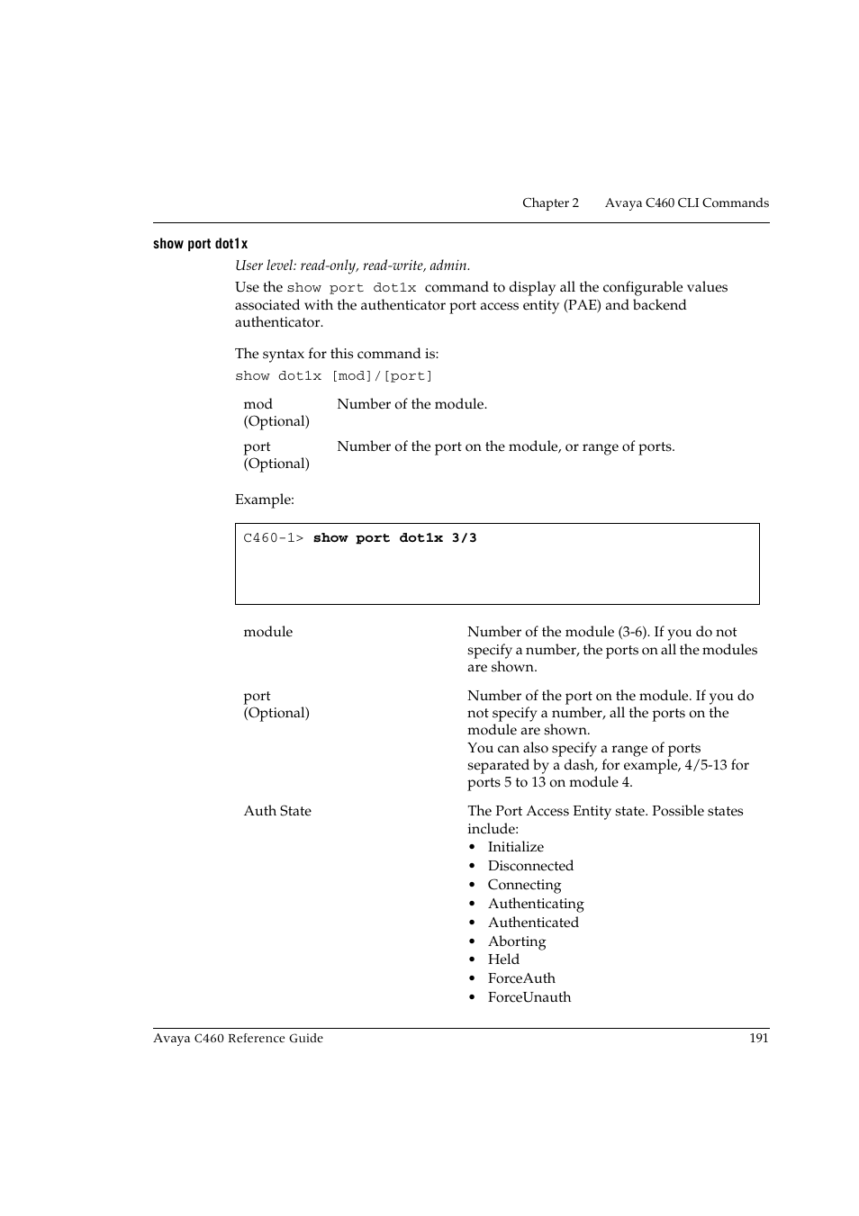 Show port dot1x | Avaya C460 User Manual | Page 203 / 268